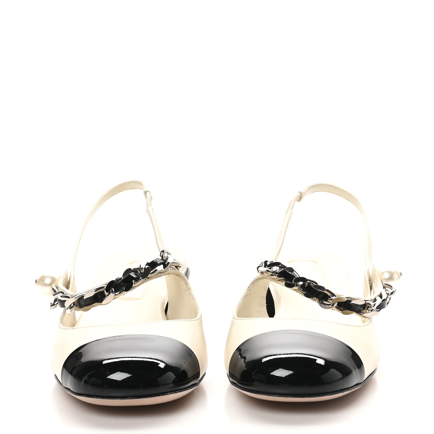 Patent Calfskin Chain Pearl Slingback Pumps 37.5 Ivory Black
