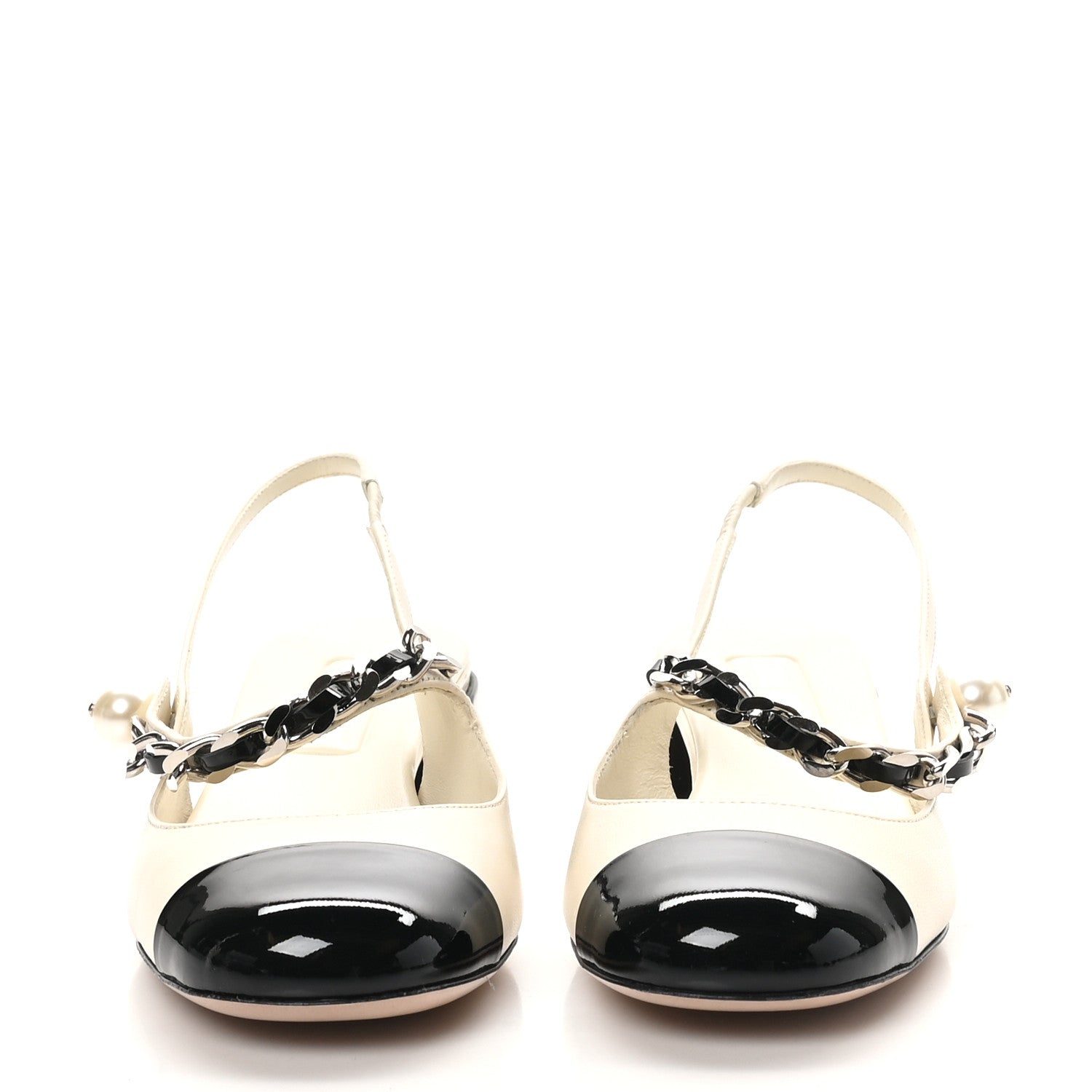 Miu Miu Patent Calfskin Chain Pearl Slingback Pumps 37.5 Ivory Black 3 of 10