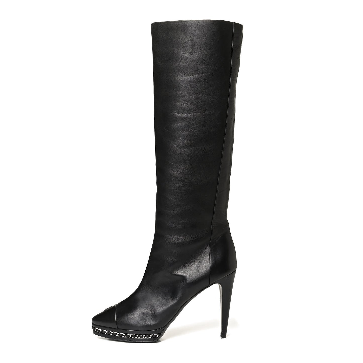 Lambskin CC Platform Cap Toe Chain Knee High Boots 42 Black