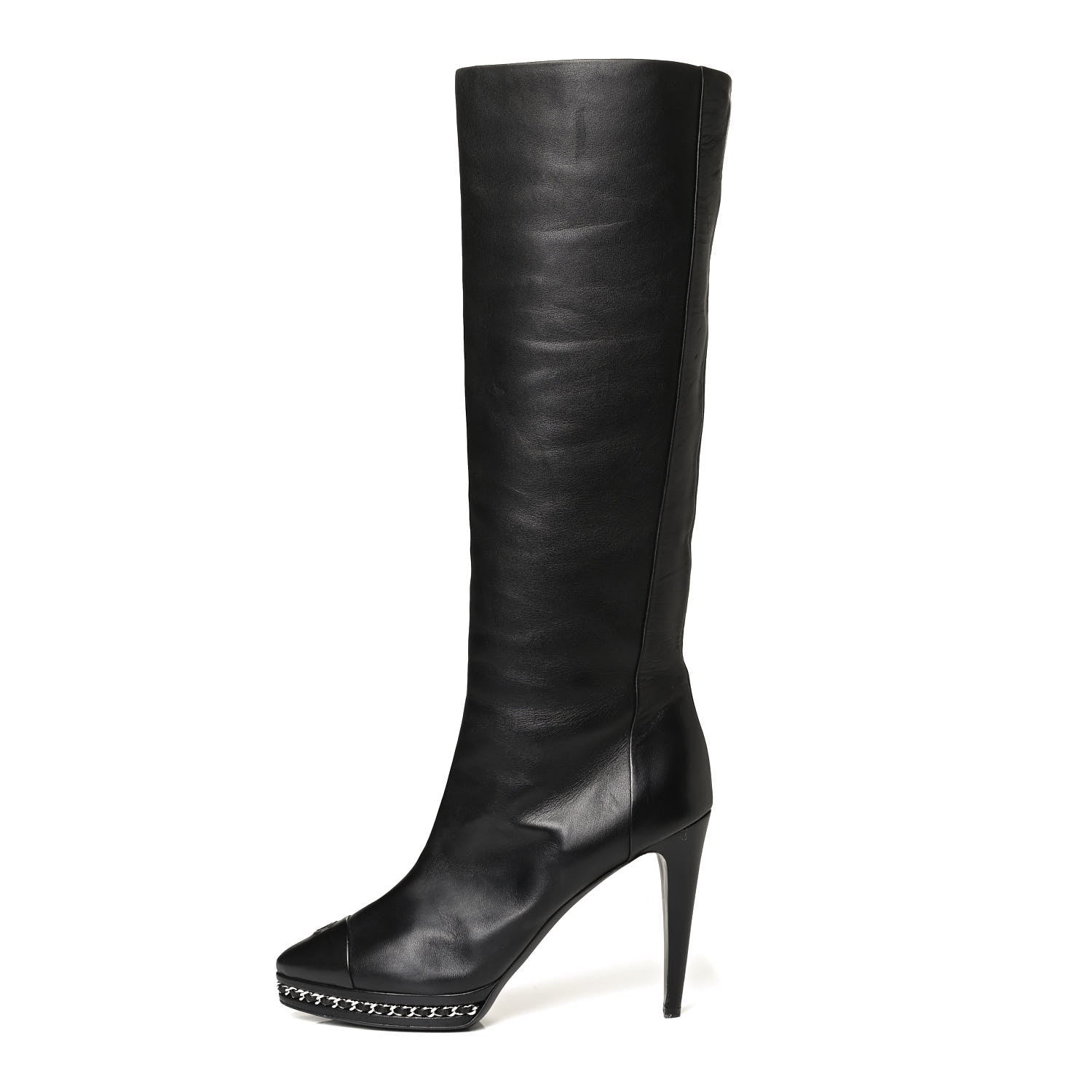 Chanel Lambskin CC Platform Cap Toe Chain Knee High Boots 42 Black 1 of 18