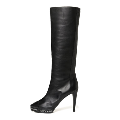 Chanel Lambskin CC Platform Cap Toe Chain Knee High Boots 42 Black 1 of 18