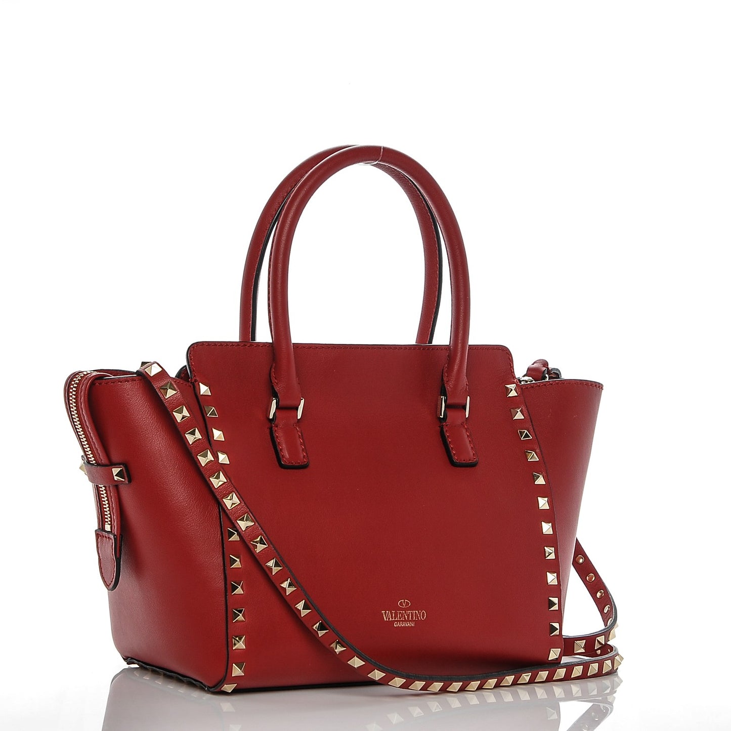 Vitello Small Rockstud Double Handle Tote Red
