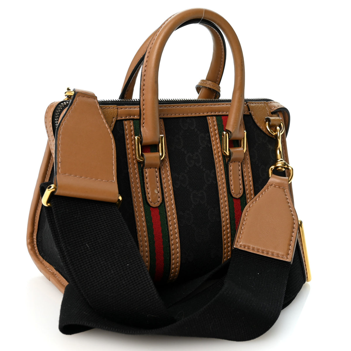 Gucci Monogram Textured Dollar Calfskin Web Mini Bauletto Duffle Top Handle Bag Black Koi Beige 3 of 13
