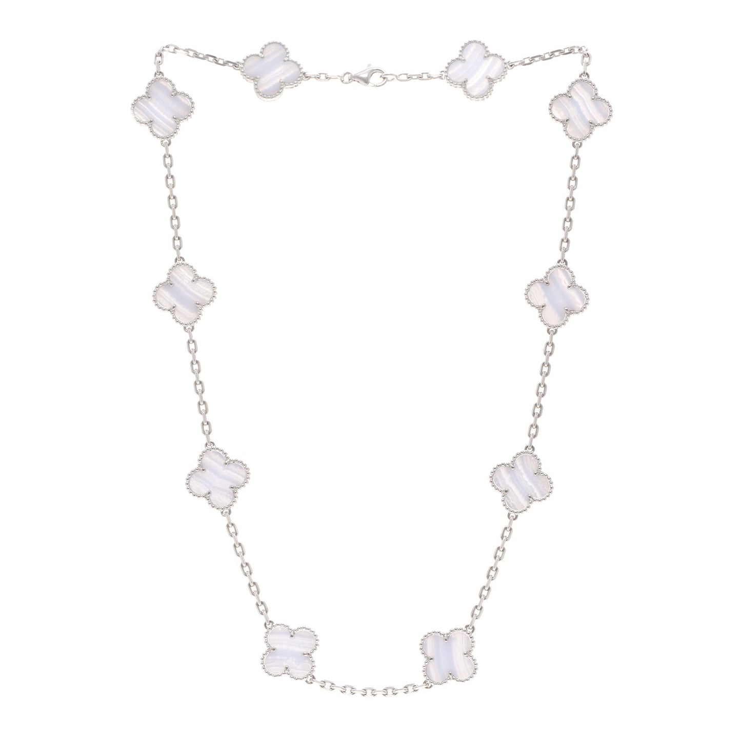 18K White Gold Chalcedony 10 Motifs Vintage Alhambra Necklace