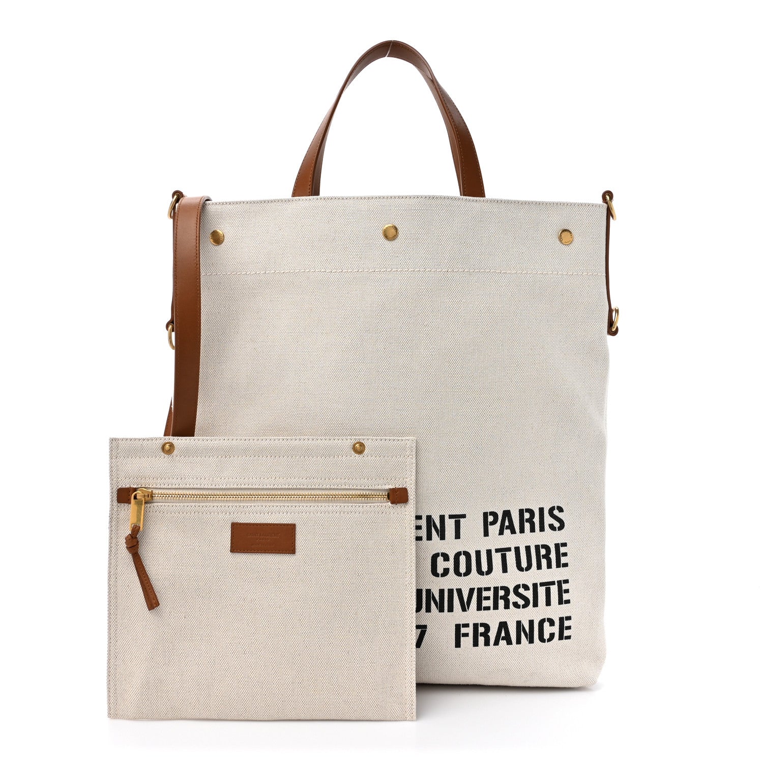 Saint Laurent Canvas Smooth Calfskin Universite North South Foldable Tote Naturel Brick 3 of 18