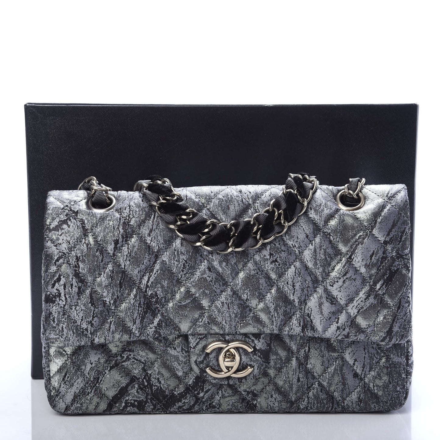 Metallic Brocade Quilted Medium Double Flap Dark Grey
