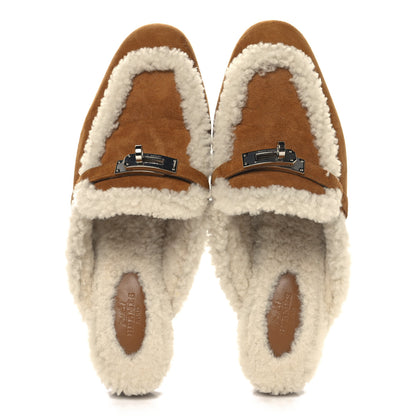 Hermes Suede Goatskin Woolskin Womens Oz Mules 38 Naturel 2 of 9