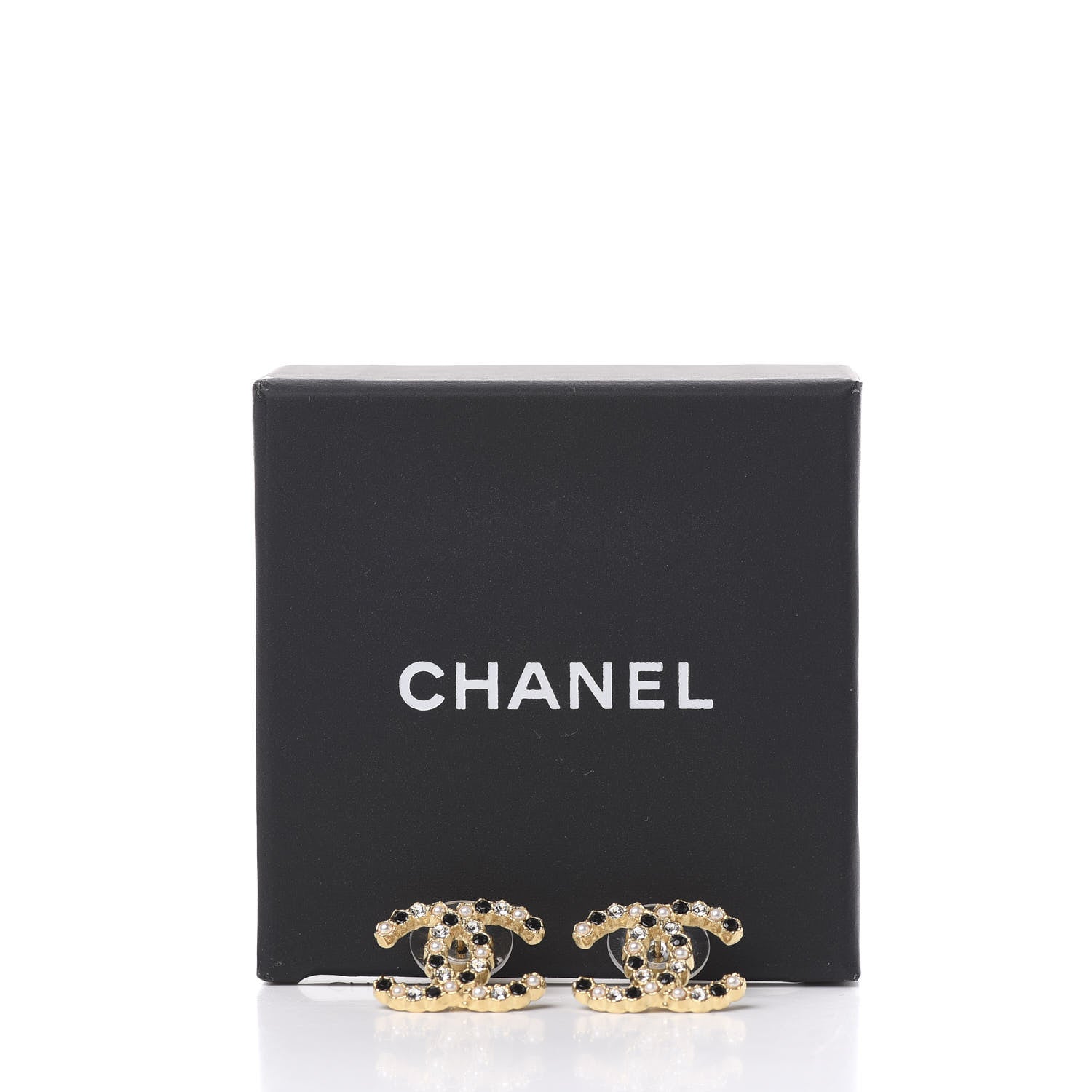 Chanel Resin Pearl Crystal CC Earrings Gold Black 3 of 5