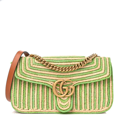 Gucci Raffia Woven Small GG Marmont Shoulder Bag Natural Light Green 1 of 9