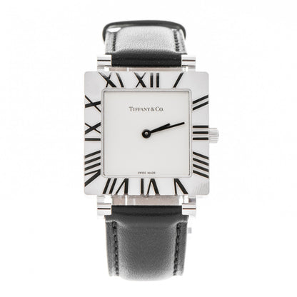 Tiffany Sterling Silver Calfskin 27mm Atlas Square Quartz Watch 1 of 5