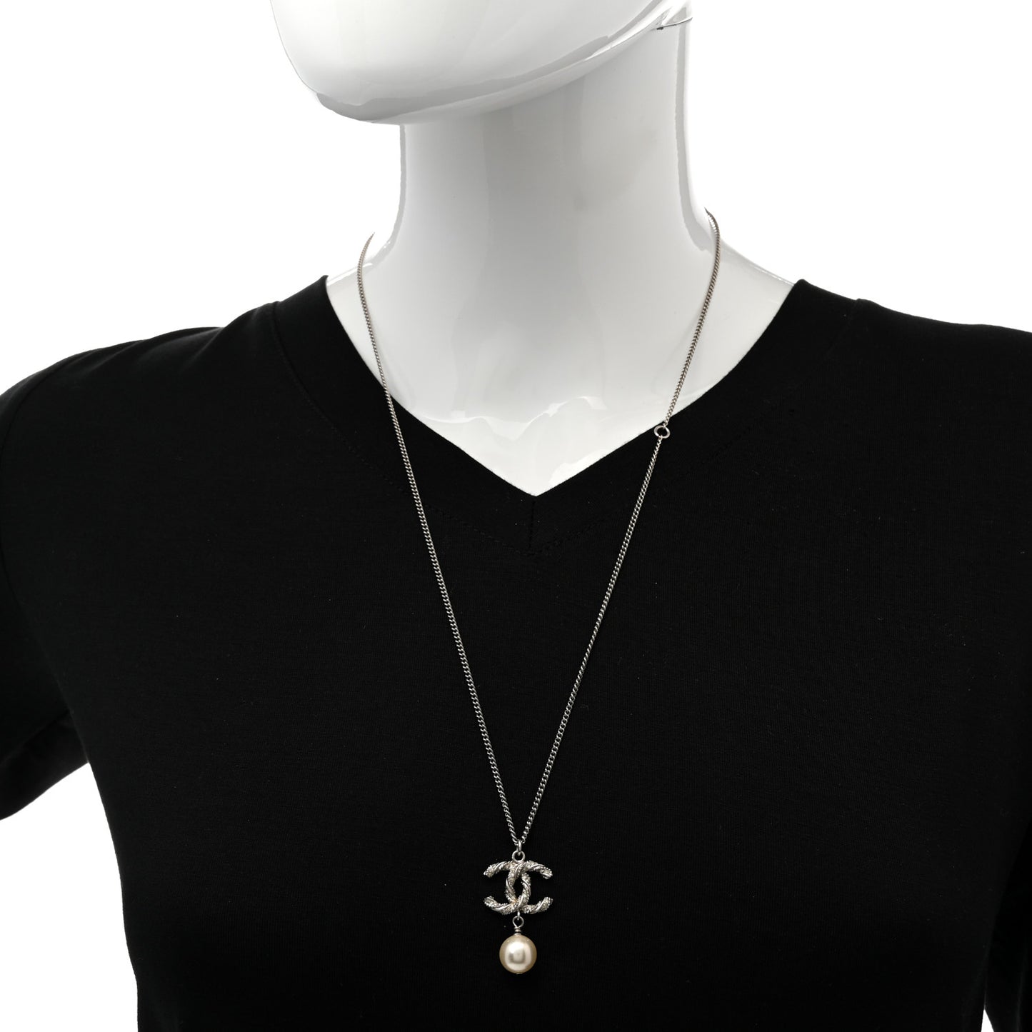 Crystal Pearl Twisted CC Drop Necklace Silver
