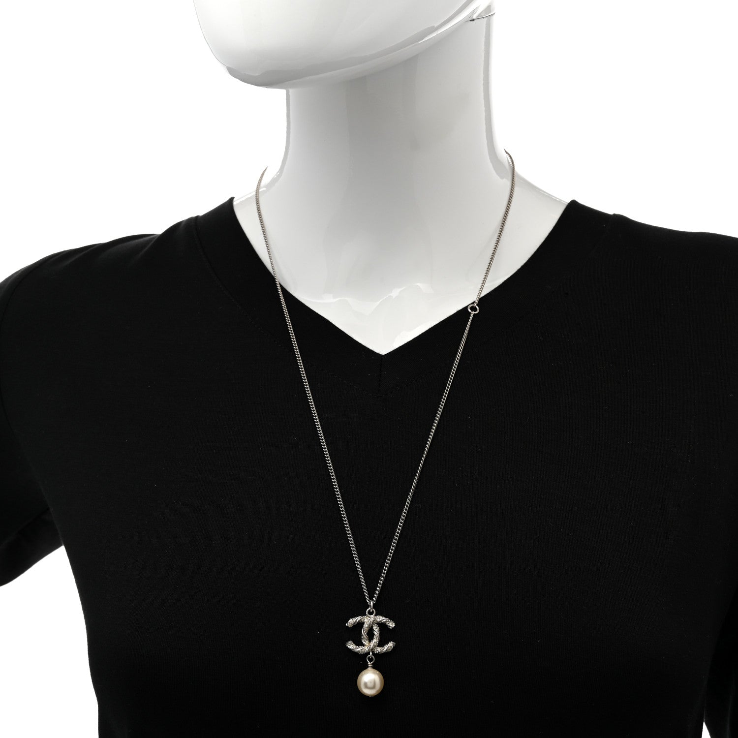 Chanel Crystal Pearl Twisted CC Drop Necklace Silver 2 of 6