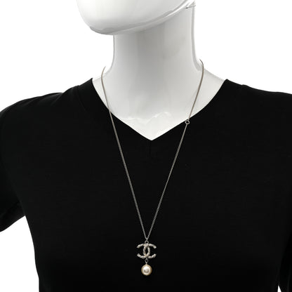Chanel Crystal Pearl Twisted CC Drop Necklace Silver 2 of 6