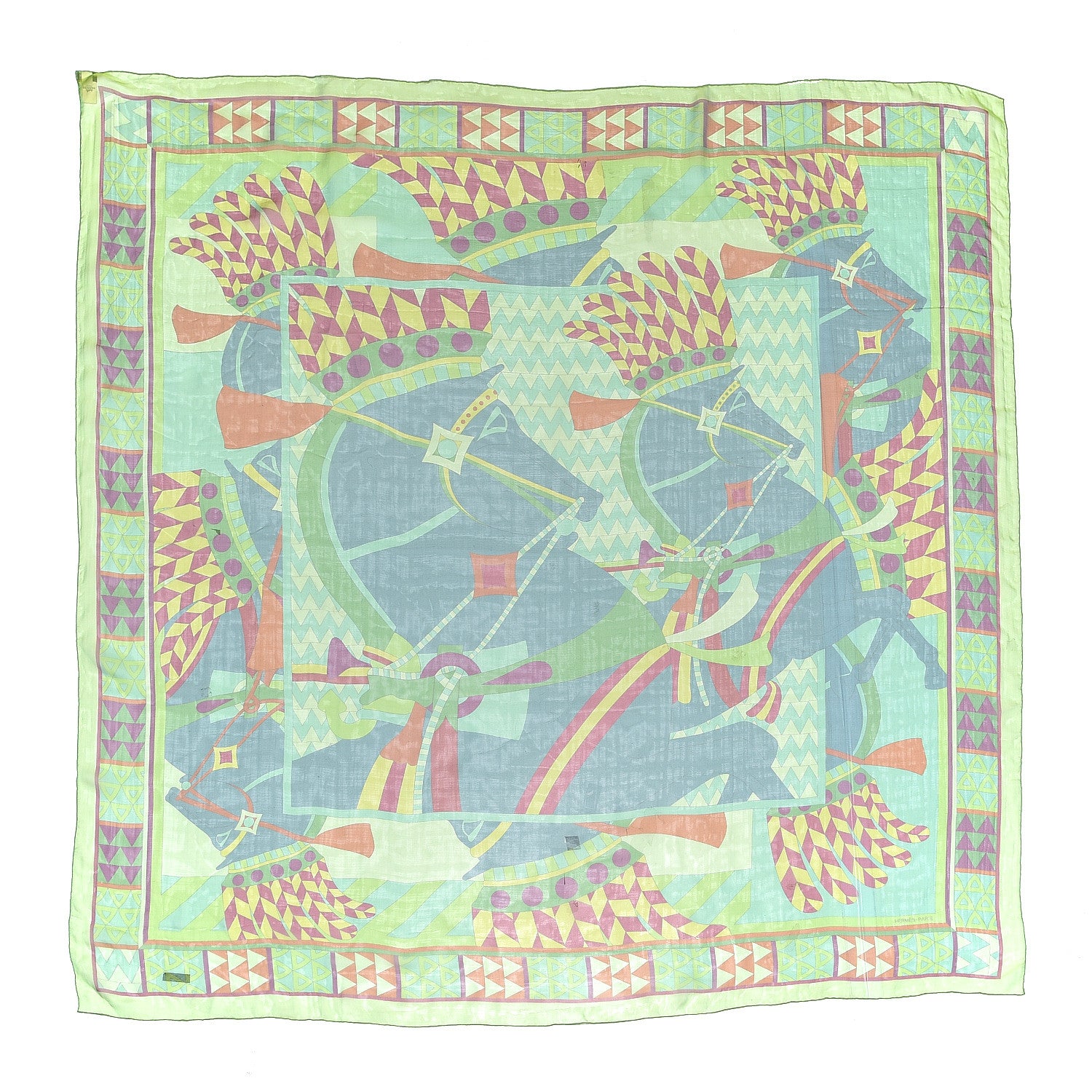 Hermes Silk Mousseline Chevaux De Karak Shawl 140 Vert Jaune Turquoise Petrole 1 of 4