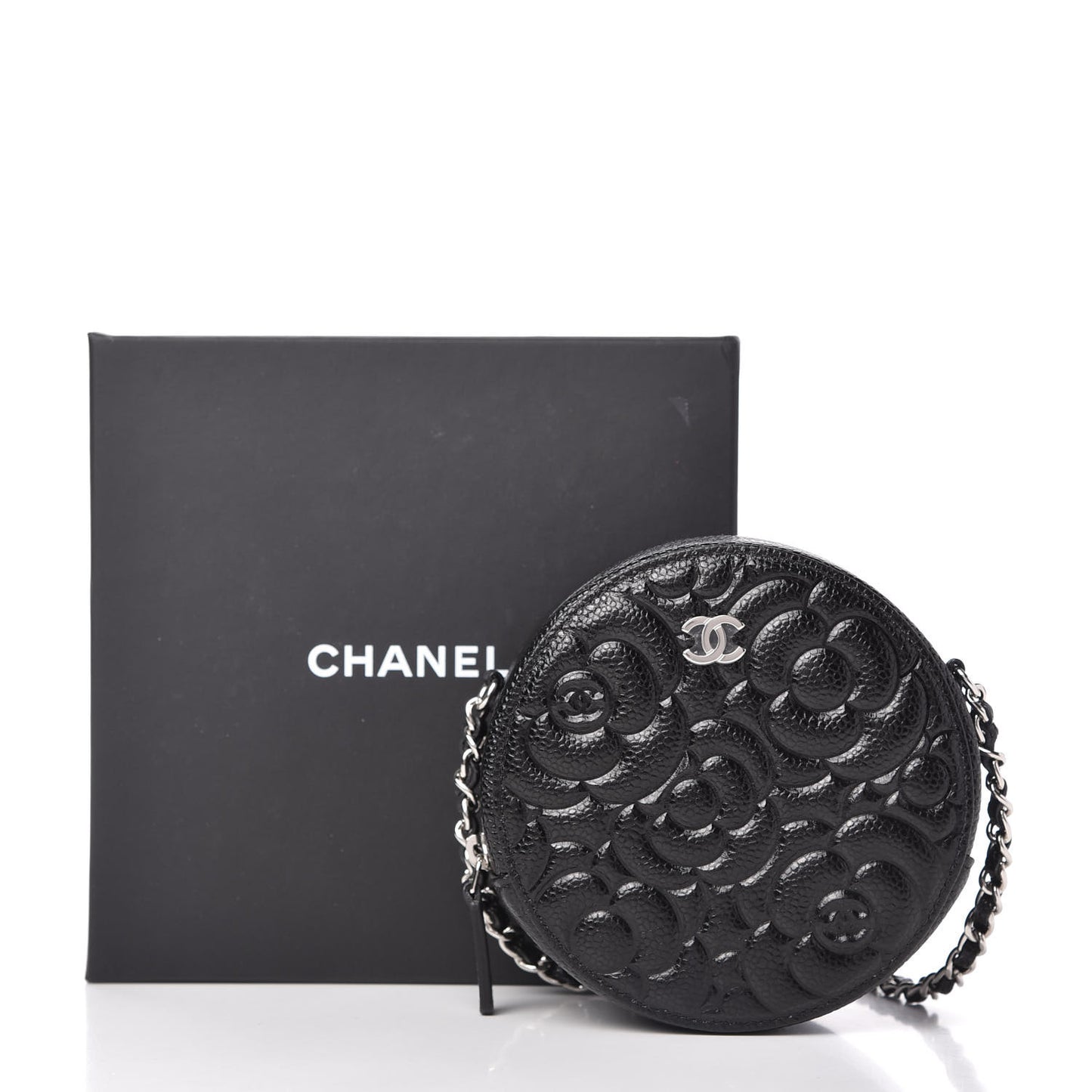 Caviar Camellia Embossed Round Clutch With Chain Black