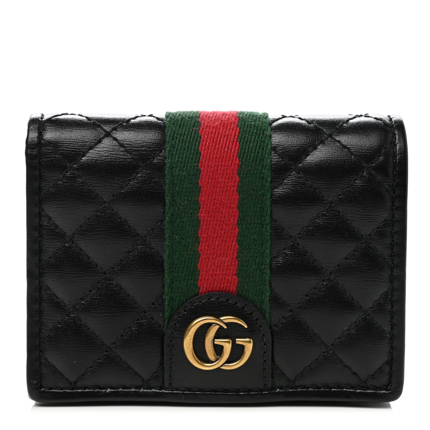Gucci Calfskin Web Trapuntata GG Marmont Card Case Wallet Black 1 of 9