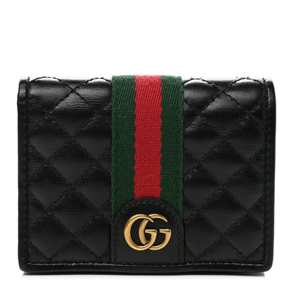 Gucci Calfskin Web Trapuntata GG Marmont Card Case Wallet Black 1 of 9