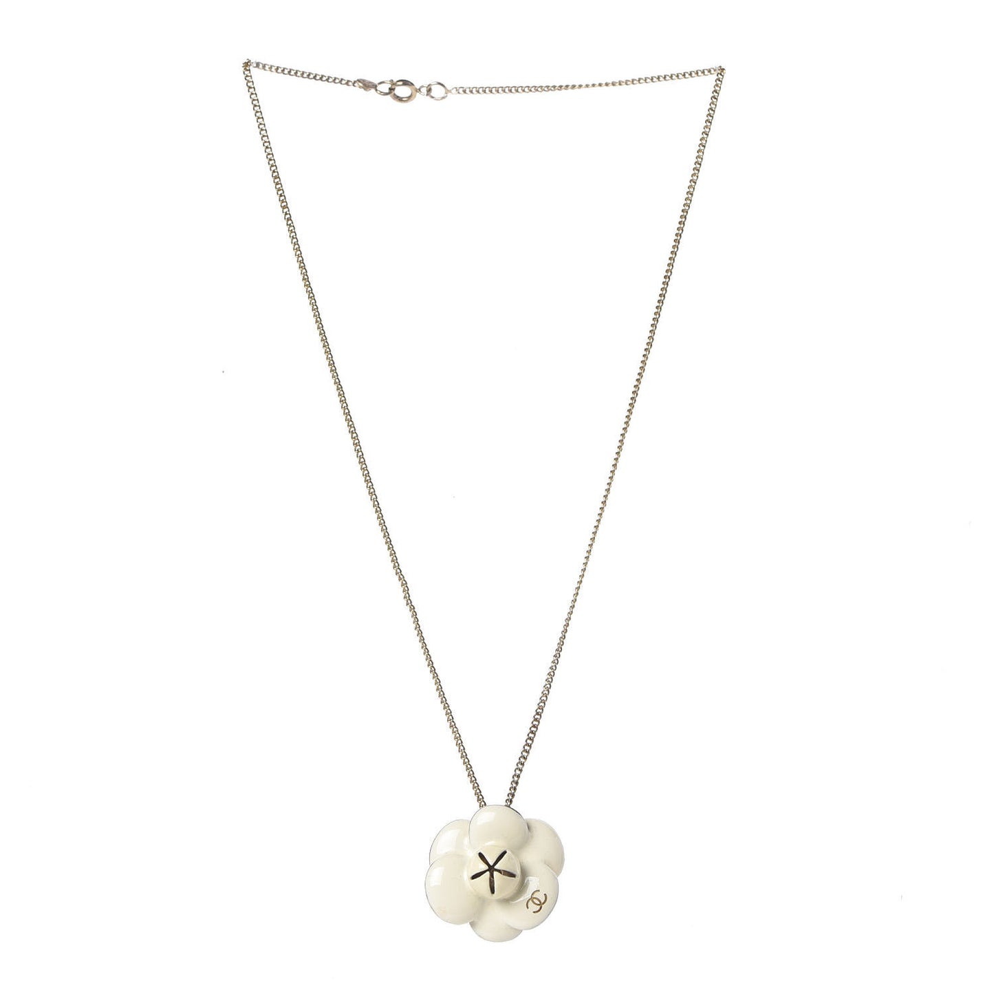 Enamel CC Camellia Pendant Necklace Gold White