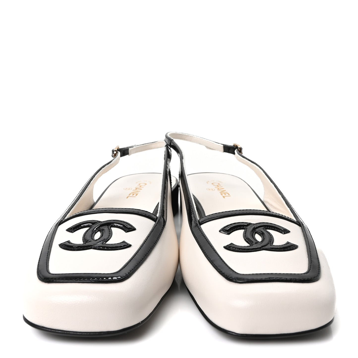 Lambskin Patent Calfskin CC Square Toe Slingbacks 39 White Black