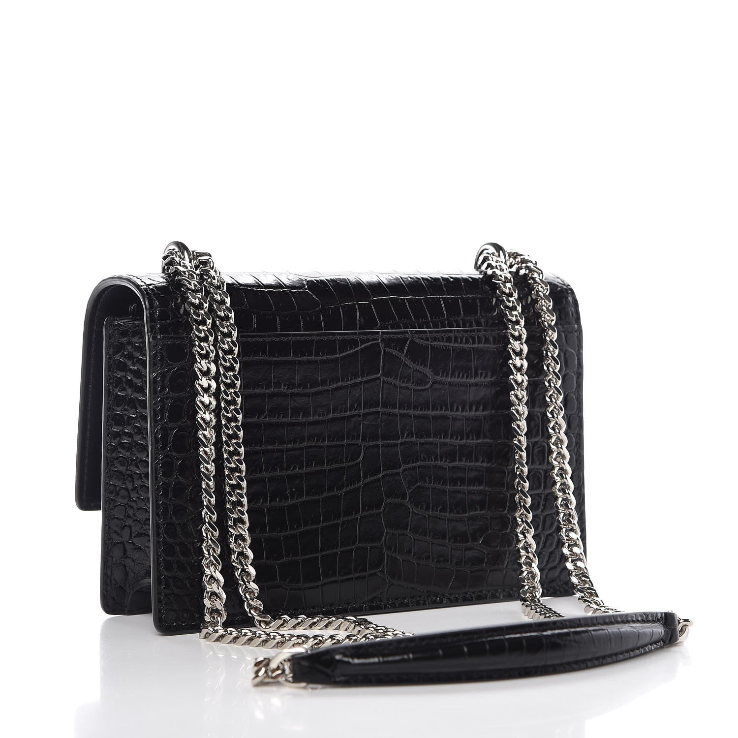 Saint Laurent Calfskin Crocodile Embossed Monogram Sunset Chain Wallet Black 4 of 6
