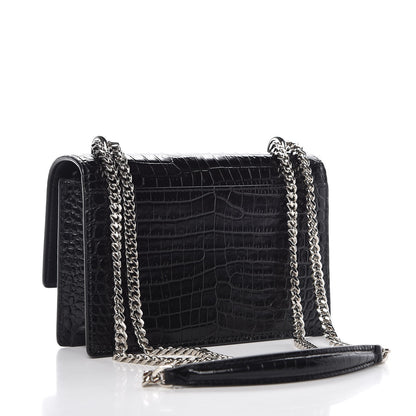 Saint Laurent Calfskin Crocodile Embossed Monogram Sunset Chain Wallet Black 4 of 6