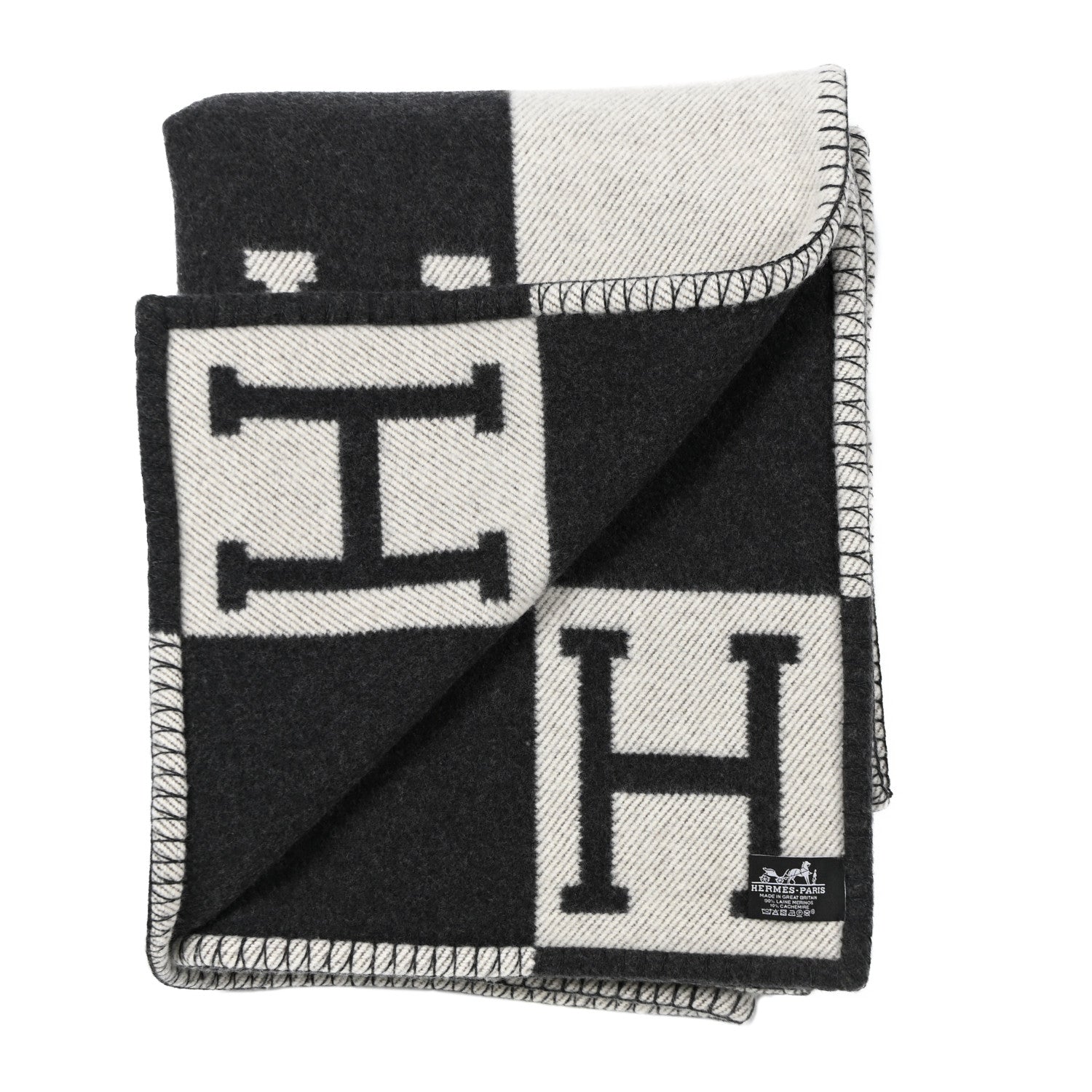 Hermes Wool Cashmere Signature Avalon Blanket Ecru Gris Fonce 2 of 5