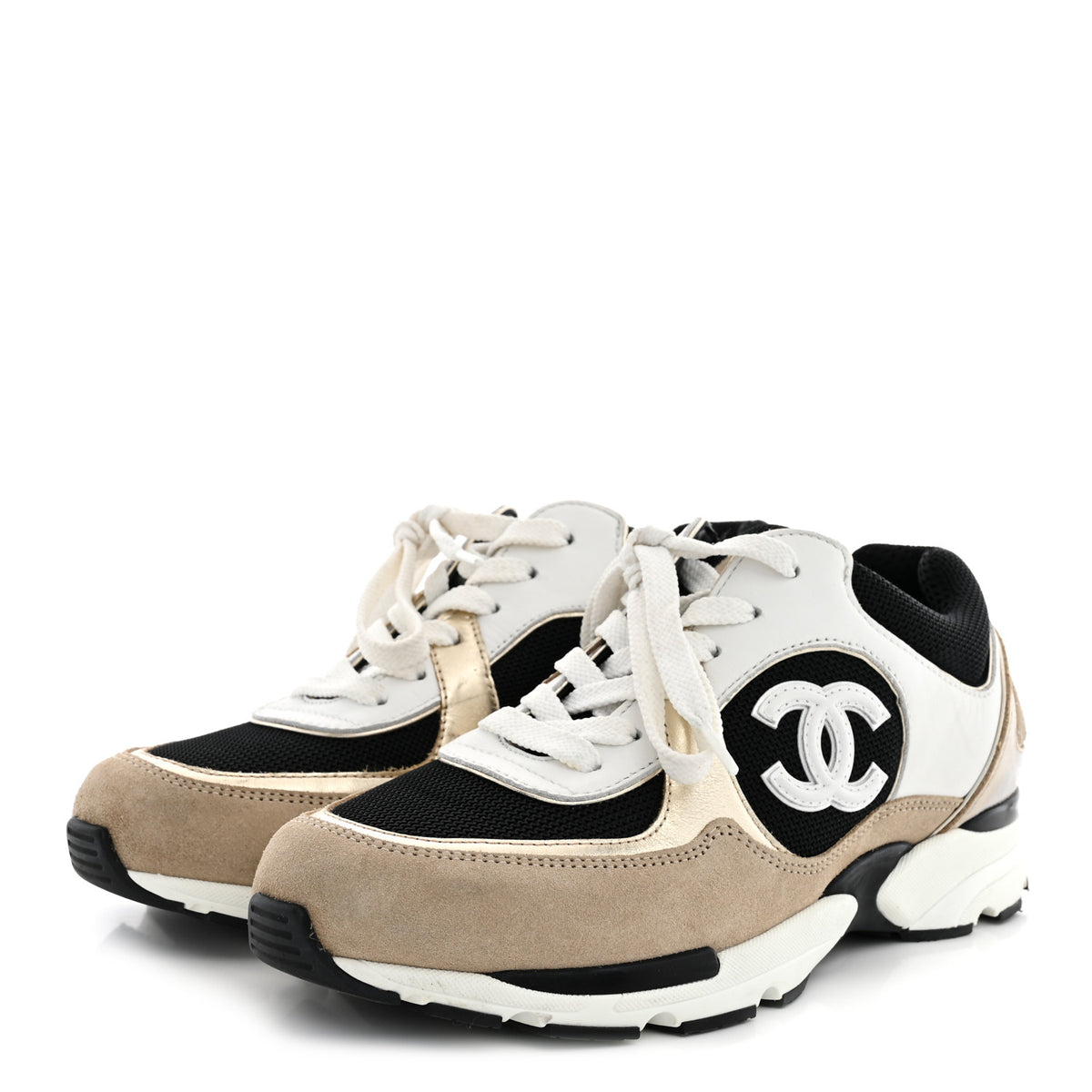 Chanel Mesh Suede Calfskin Grained Calfskin Womens CC Sneakers 38 White Black Beige Gold 4 of 9