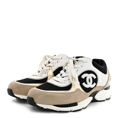 Chanel Mesh Suede Calfskin Grained Calfskin Womens CC Sneakers 38 White Black Beige Gold 4 of 9