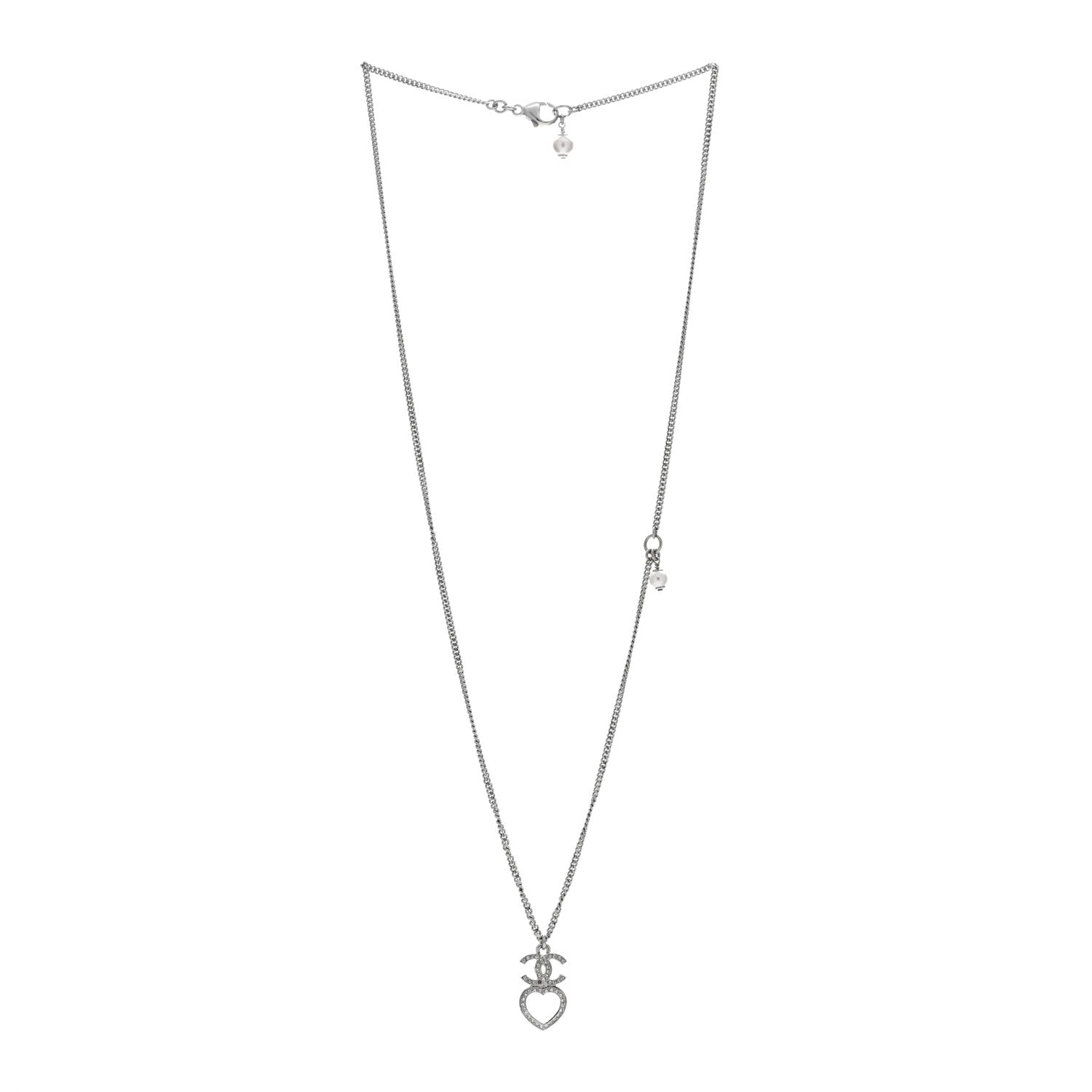 Chanel Crystal CC Heart Drop Chain Necklace Silver 2 of 5