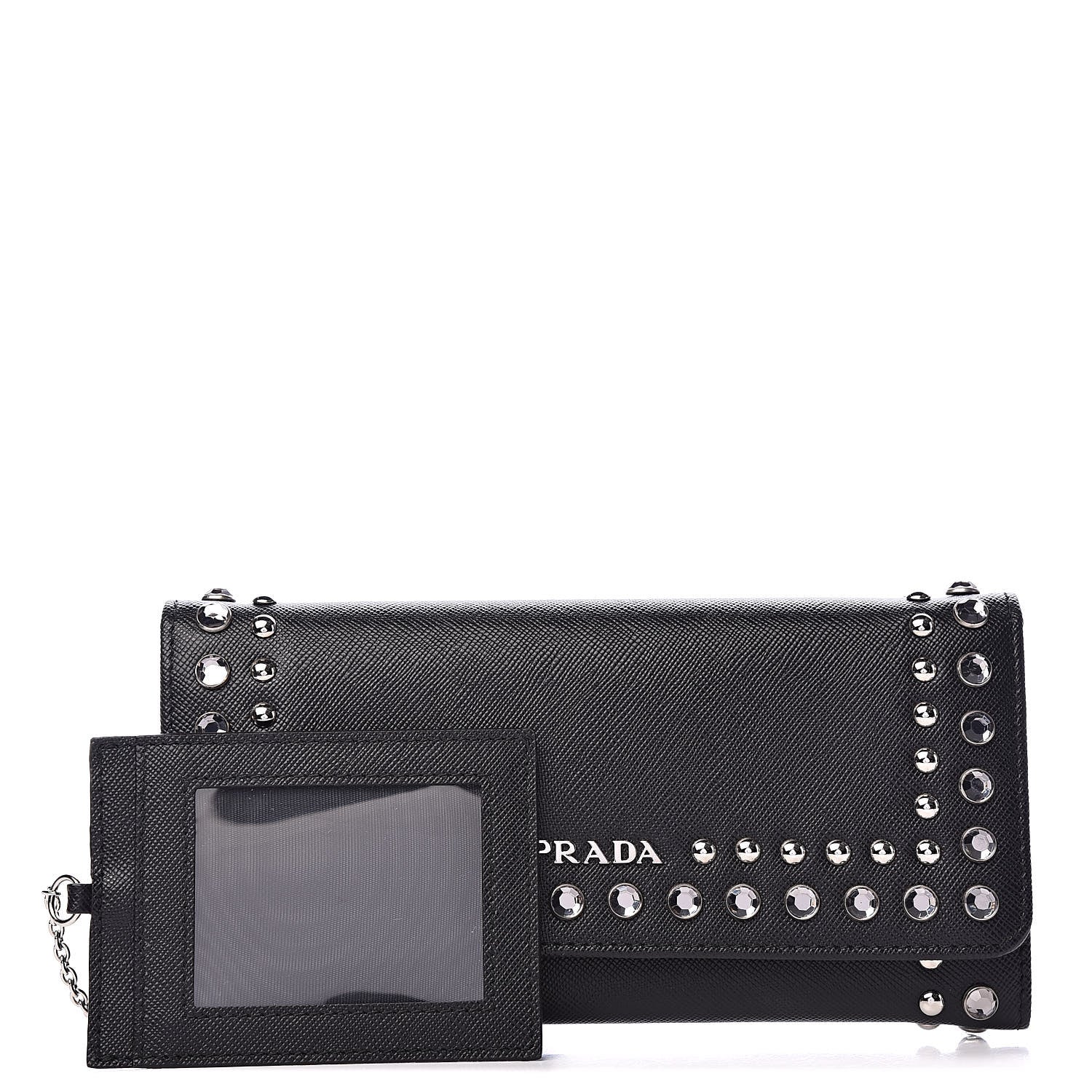Prada Saffiano Crystal Studded Flap Wallet Black 1 of 8
