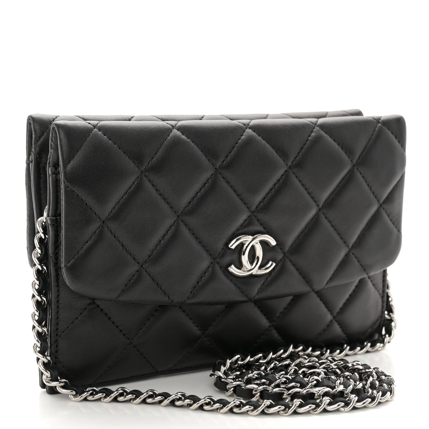 Lambskin Quilted Double Sided Wallet On Chain WOC Black