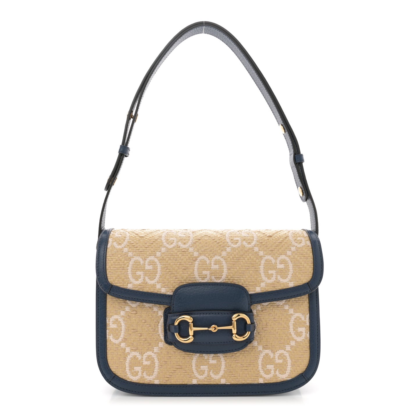 Raffia Textured Dollar Calfskin GG Monogram Horsebit 1955 Shoulder Bag Natural Mystic White Blue Agata