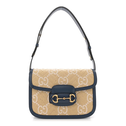 Gucci Raffia Textured Dollar Calfskin GG Monogram Horsebit 1955 Shoulder Bag Natural Mystic White Blue Agata 1 of 10