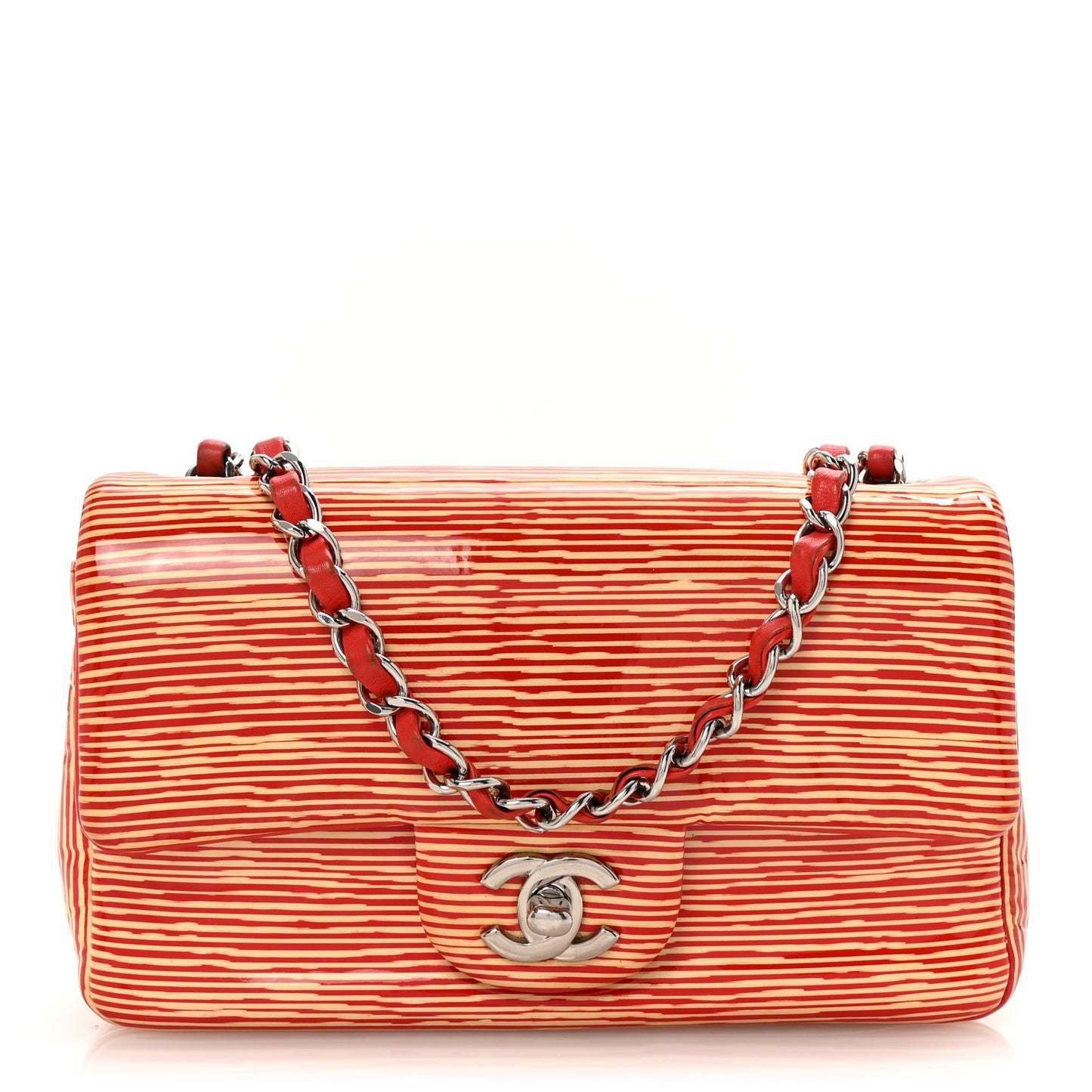 Patent Calfskin Striped Mini Rectangular Flap Red