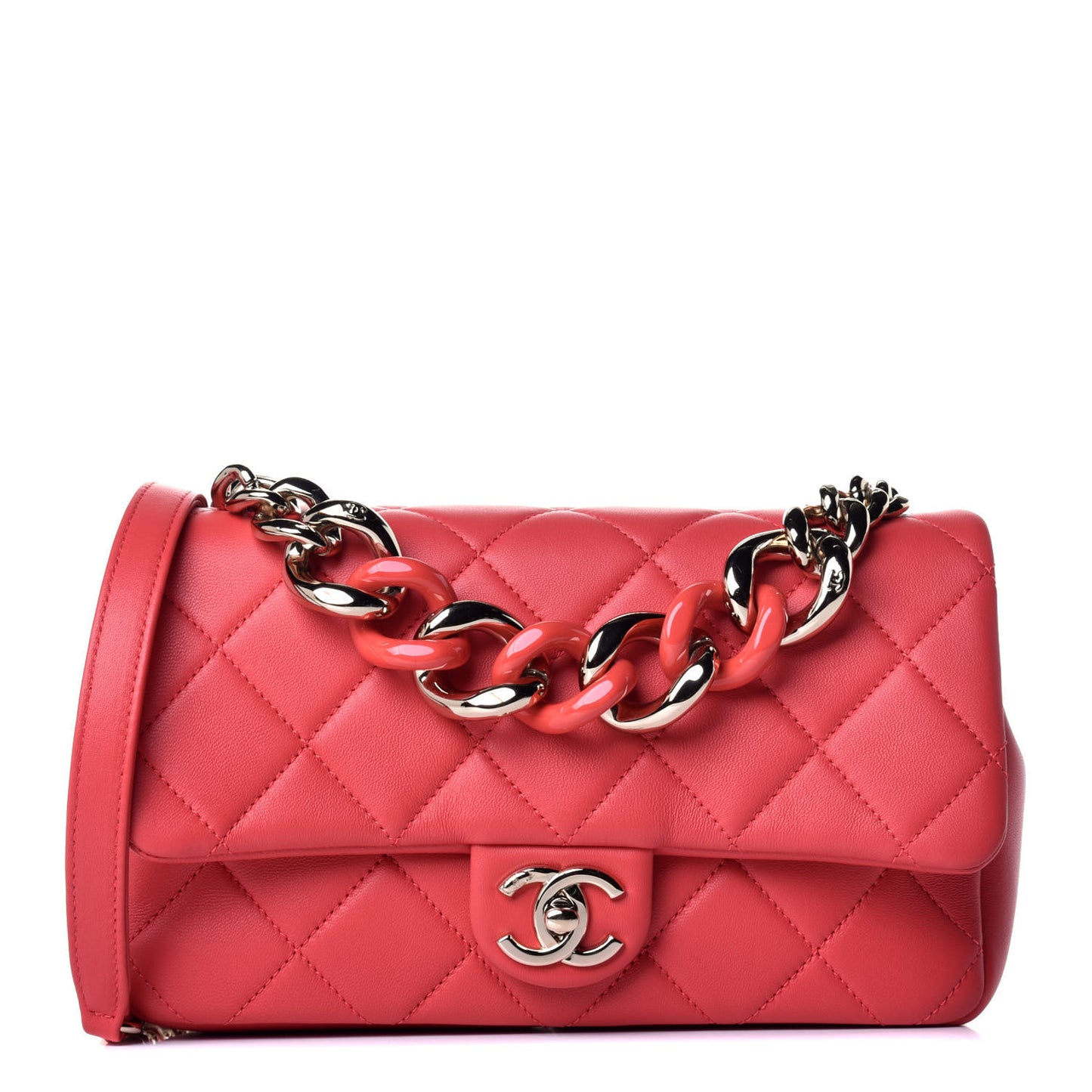 Lambskin Quilted Resin Bi-Color Chain Flap Bag Red