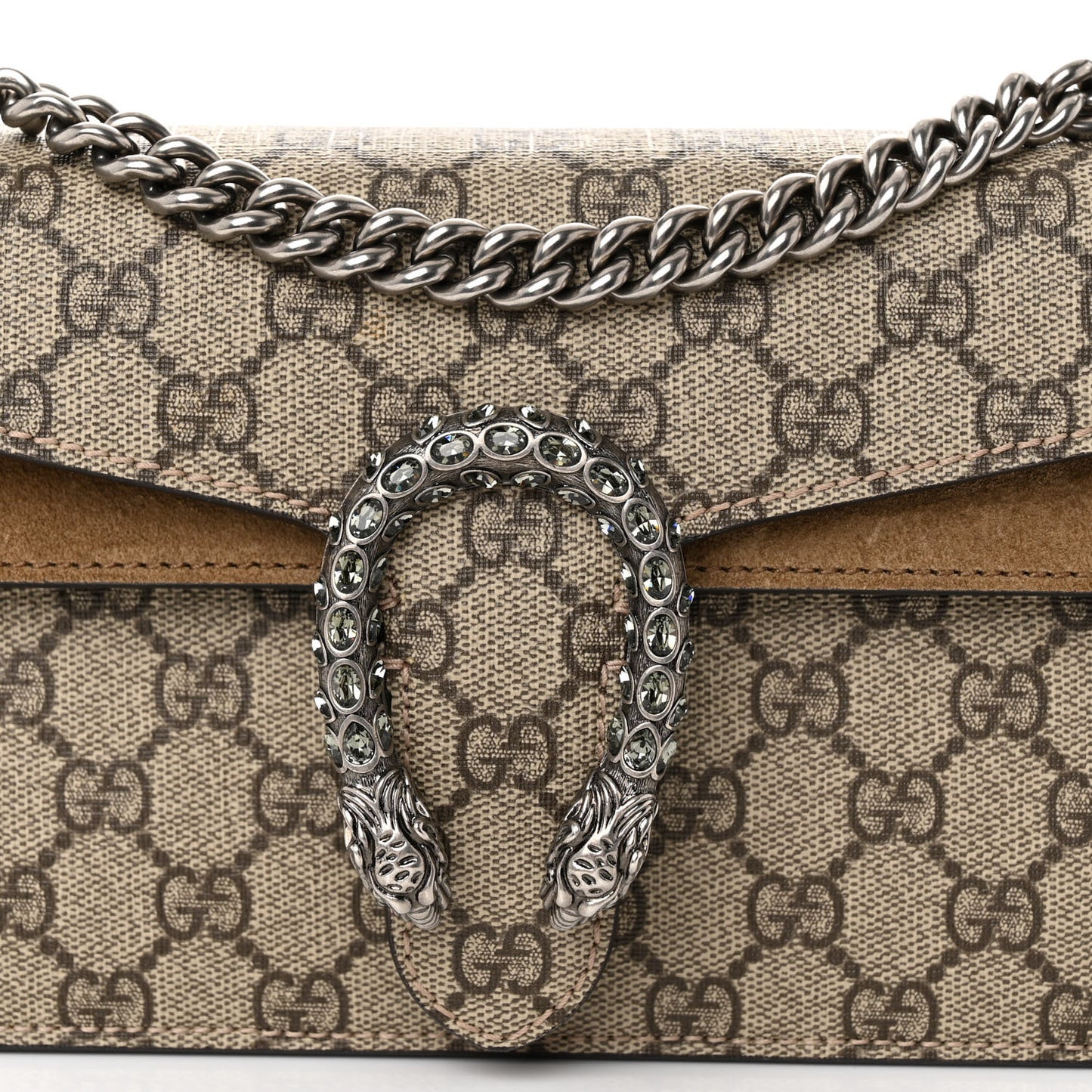 GG Supreme Monogram Suede Crystal Small Dionysus Shoulder Bag Beige Ebony Taupe