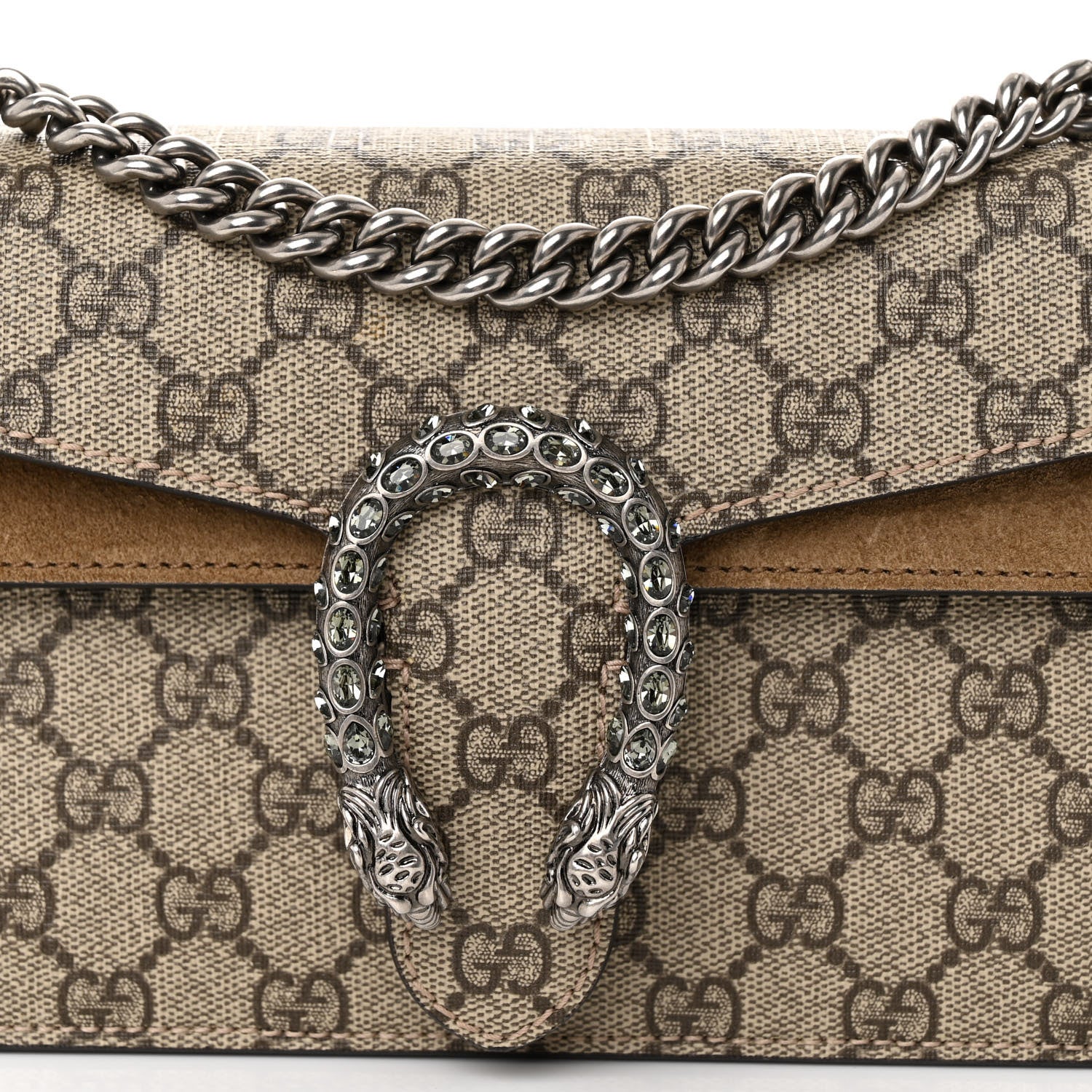 Gucci GG Supreme Monogram Suede Crystal Small Dionysus Shoulder Bag Beige Ebony Taupe 8 of 12