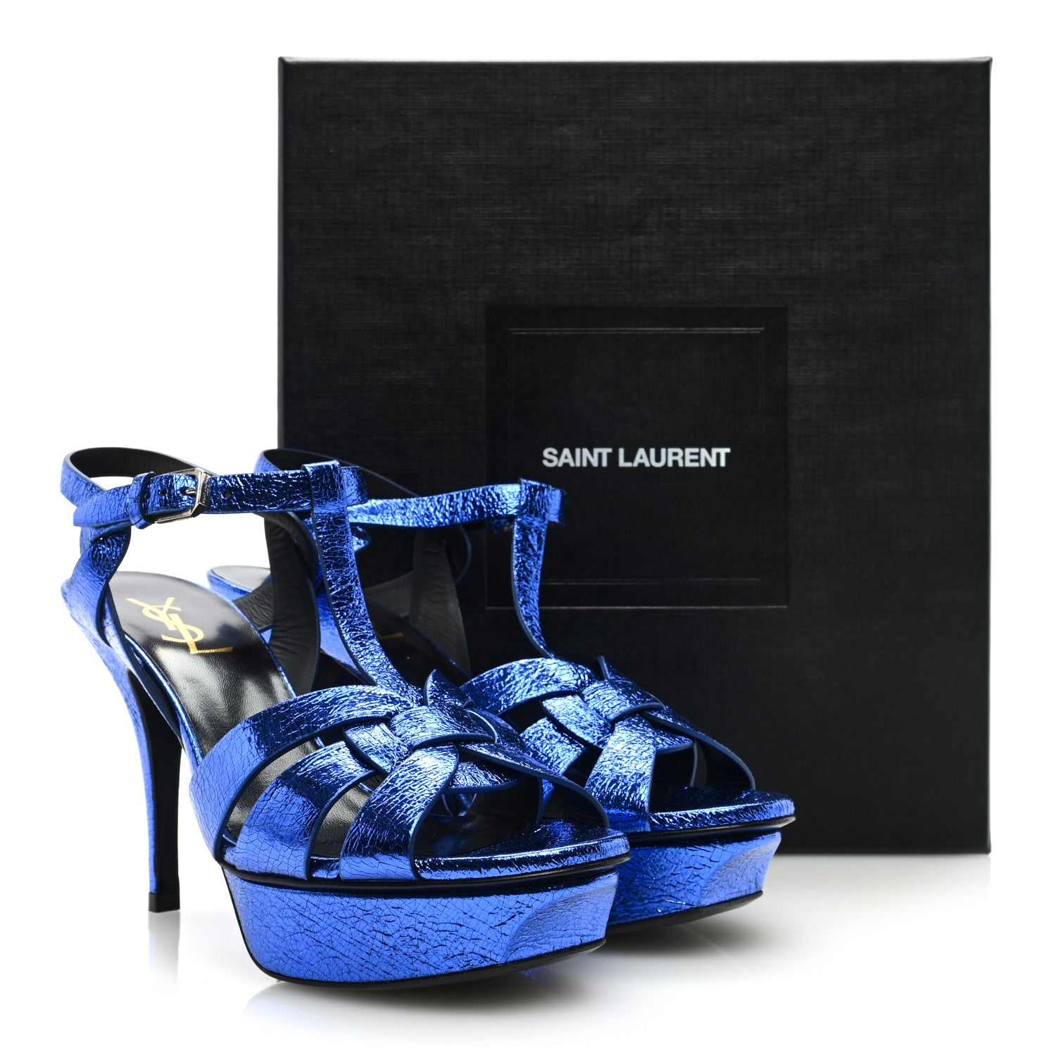 Saint Laurent Metallic Crackled Calfskin Tribute 75 Platform Sandals 38.5 Blue 9 of 9
