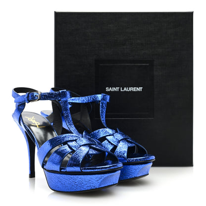 Saint Laurent Metallic Crackled Calfskin Tribute 75 Platform Sandals 38.5 Blue 9 of 9