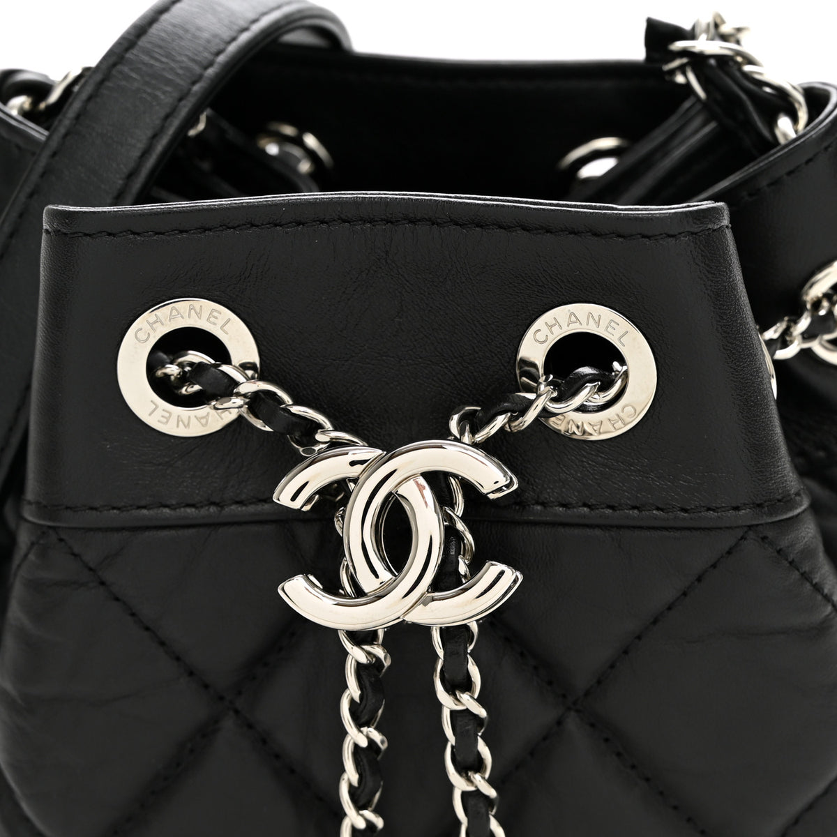 Crumpled Calfskin Quilted Chain All Over Drawstring Bucket Bag Black