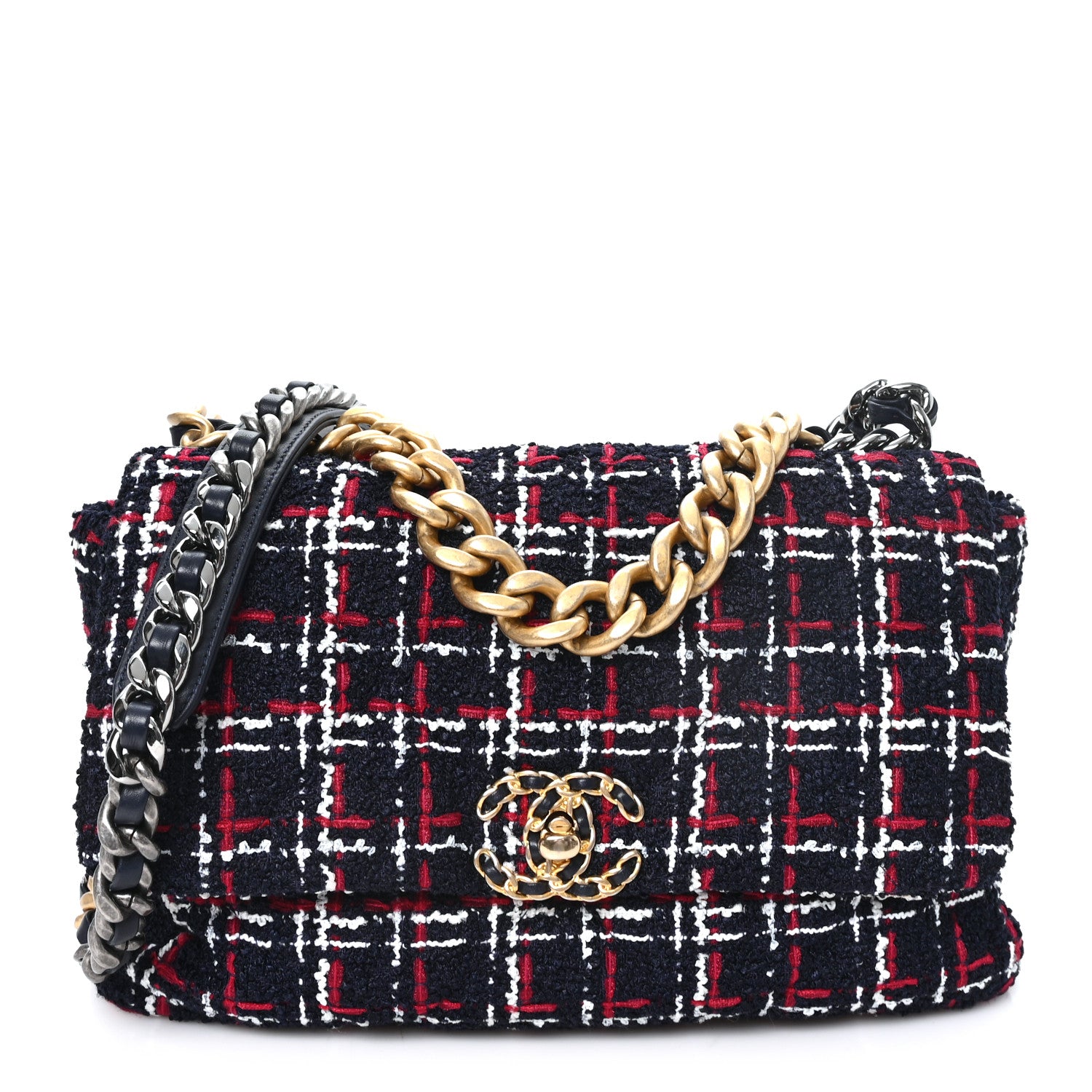 Chanel Tweed Quilted Large Chanel 19 Flap Navy Blue White Red 1 of 12