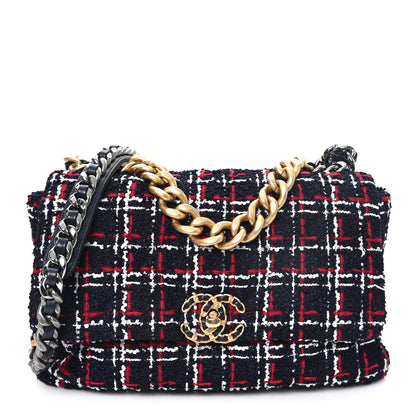 Chanel Tweed Quilted Large Chanel 19 Flap Navy Blue White Red 1 of 12