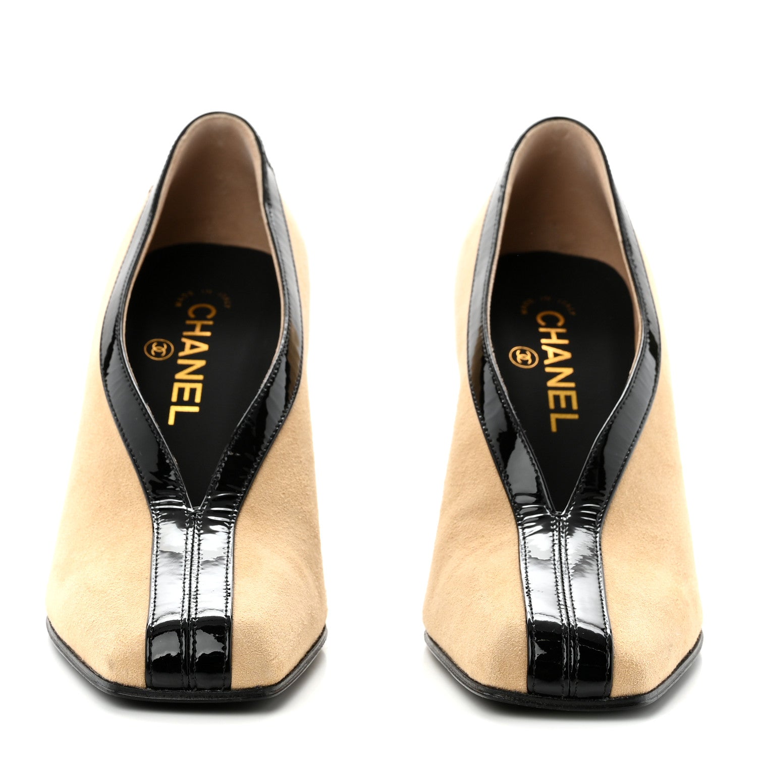 Chanel Suede Patent Calfskin Pumps 38 Beige Black 1927592