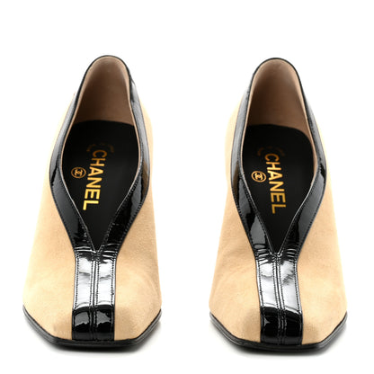 Chanel Suede Patent Calfskin Pumps 38 Beige Black 2 of 13