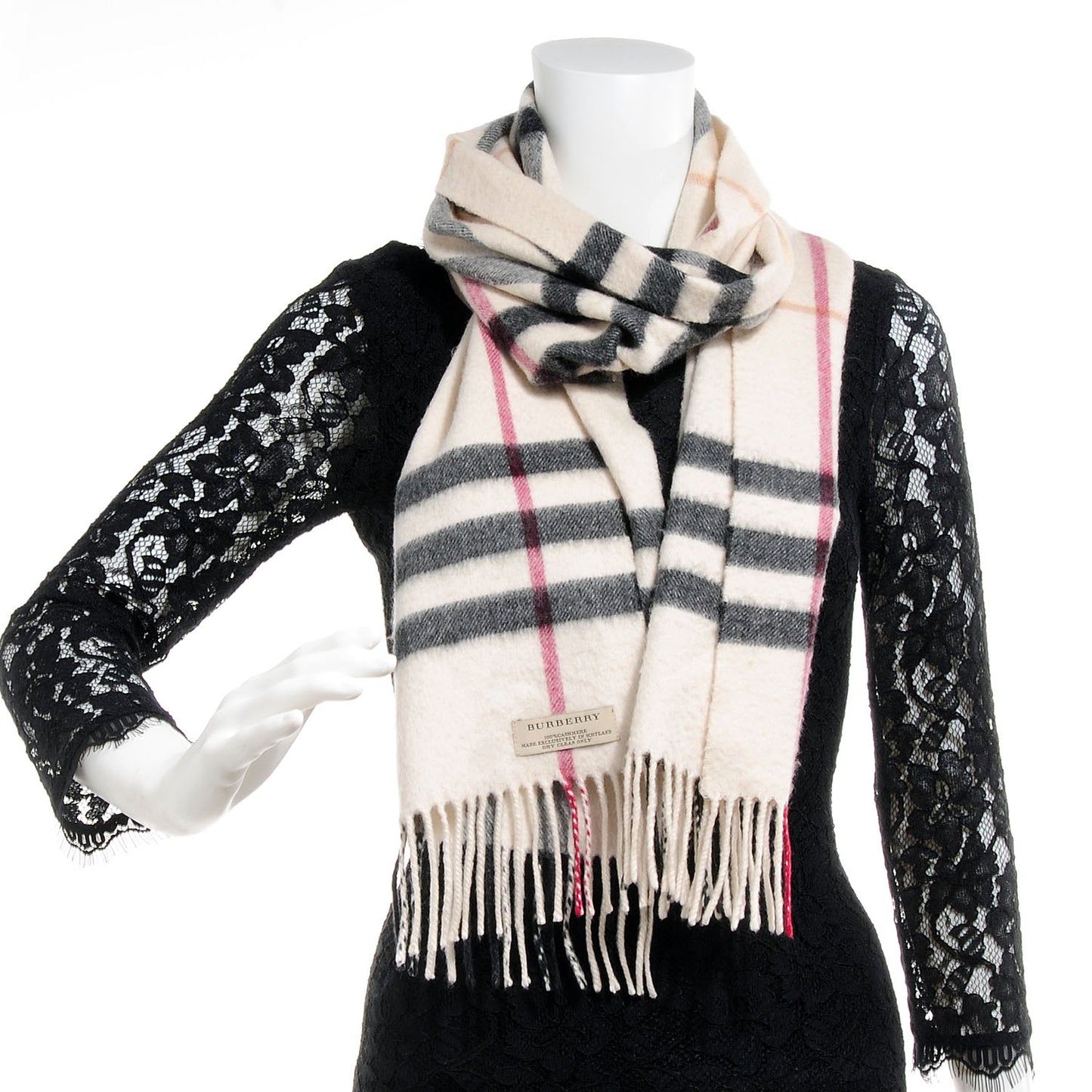 Cashmere Giant Check Fringe Scarf Ivory