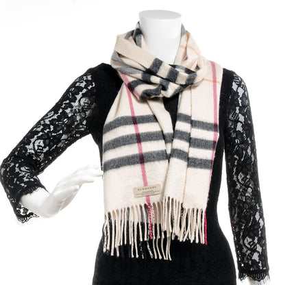 Burberry Cashmere Giant Check Fringe Scarf Ivory 2 of 6