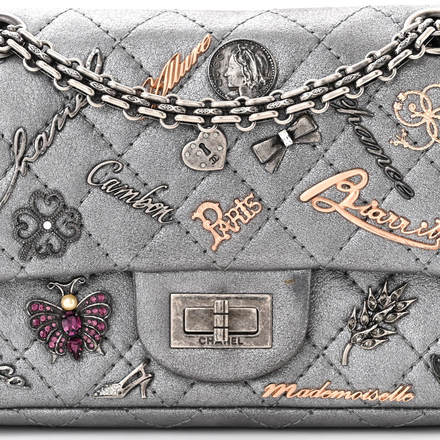 Chanel Metallic Calfskin Quilted Lucky Charms 2.55 Reissue 224 Flap Dark Silver 8 of 14