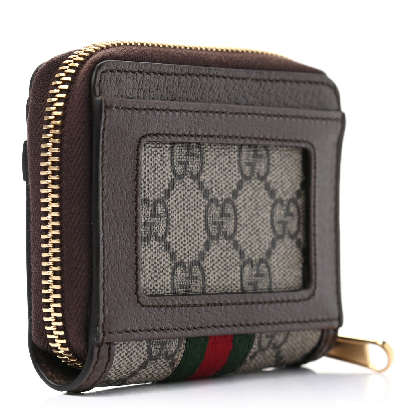 GG Supreme Monogram Textured Dollar Calfskin Web Ophidia Zip Around Card Case Wallet Beige Ebony New Acero