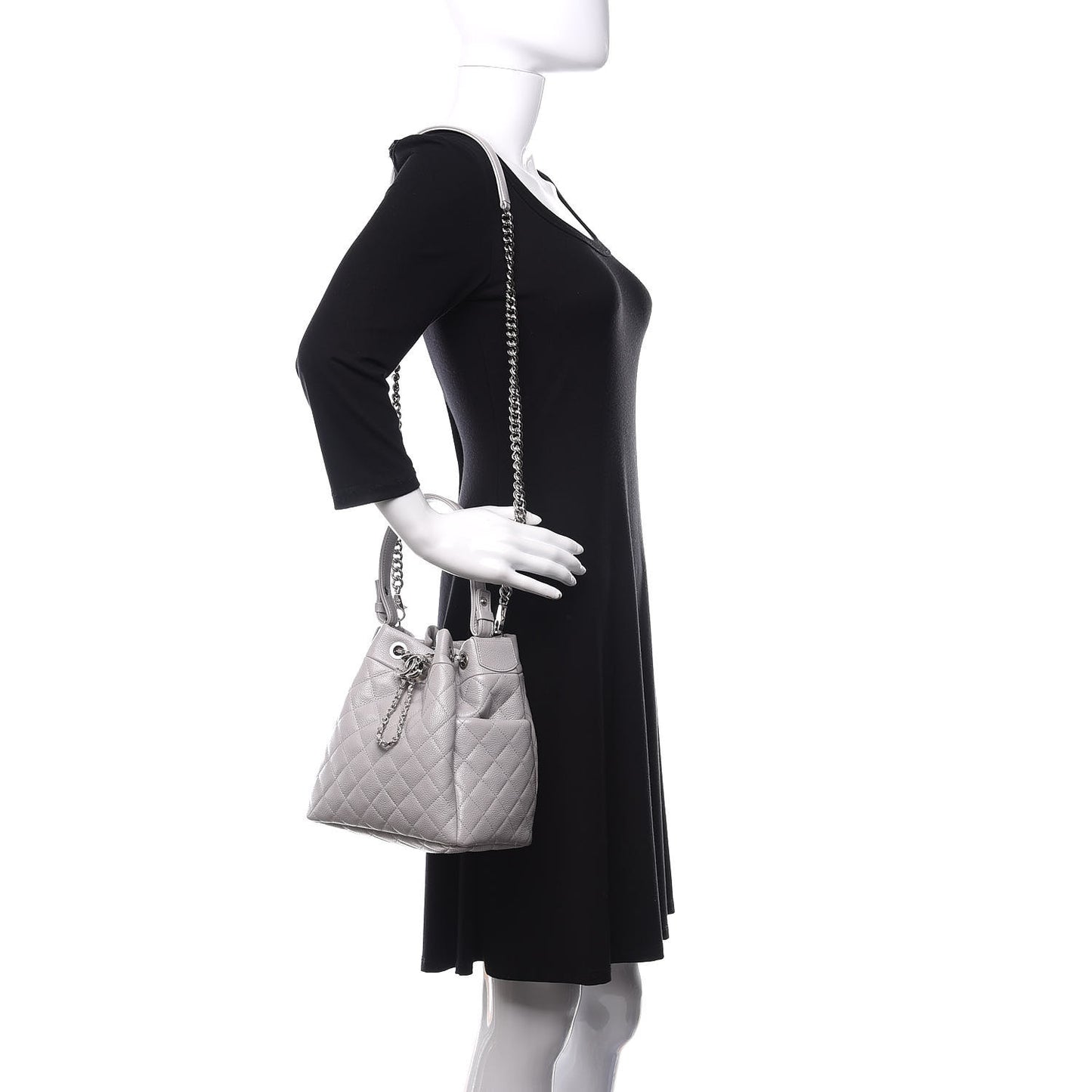 Caviar Quilted Small Chain Bucket Bag Light Gray