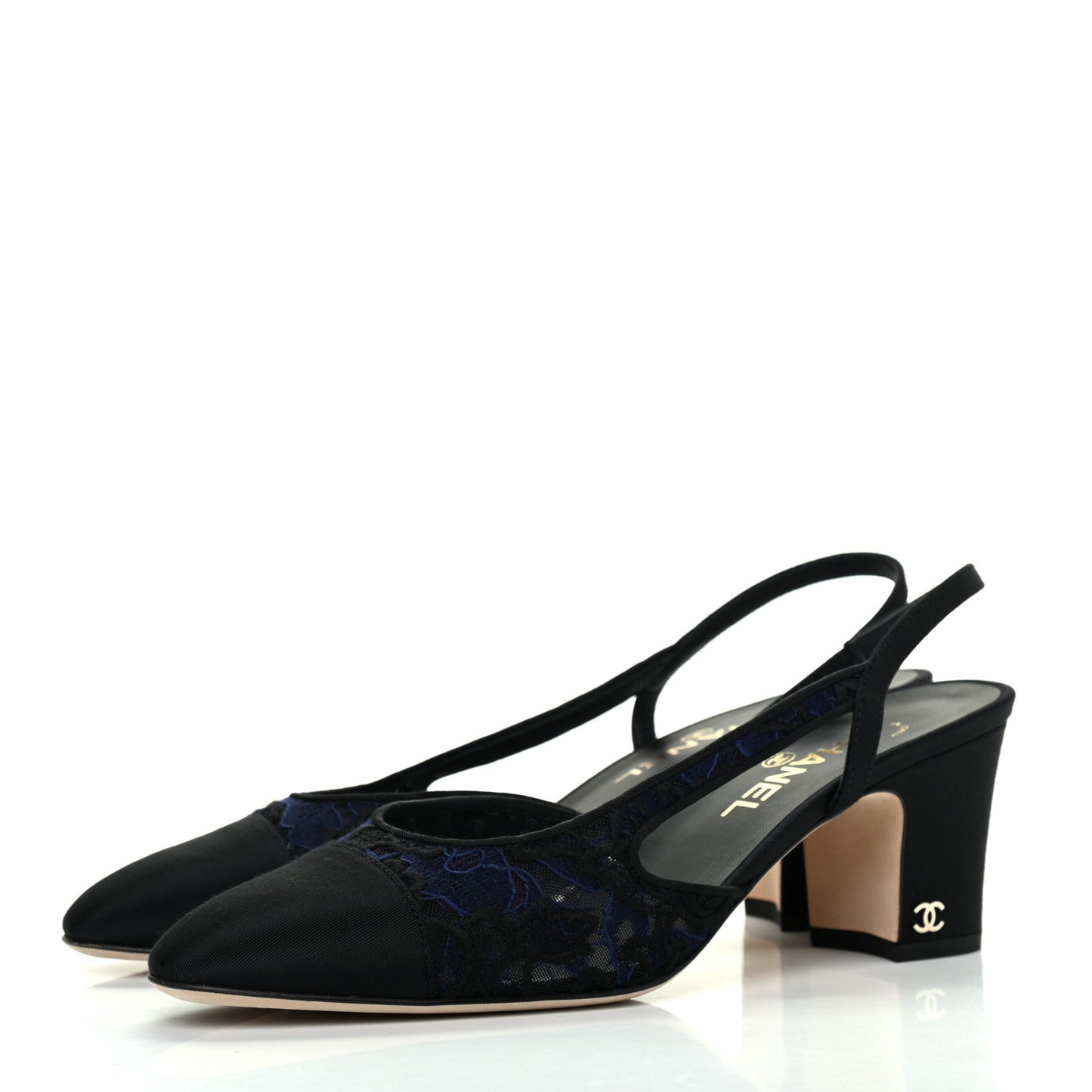 Lace Grosgrain Cap Toe CC Slingback Pumps 40 Navy Black
